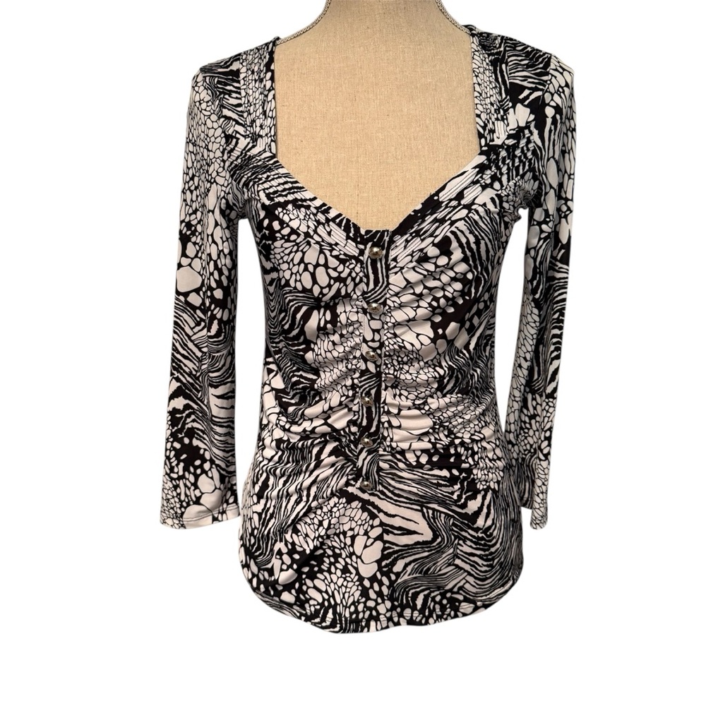 CACHE TOP BLACK WHITE STRETCH SWEETHEART NECK RUCHED 3/4 SLEEVE SIZE S